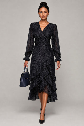 Long Sleeve Frill Detail Mesh Maxi Dress, Black Spot