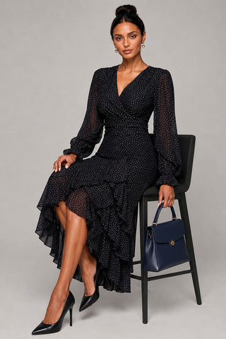 Long Sleeve Frill Detail Mesh Maxi Dress, Black Spot