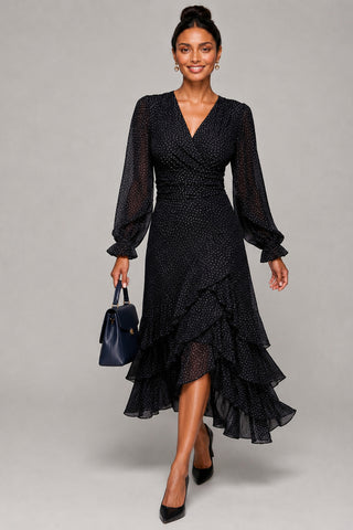 Long Sleeve Frill Detail Mesh Maxi Dress, Black Spot
