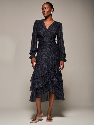 Long Sleeve Frill Detail Mesh Maxi Dress, Black Spot