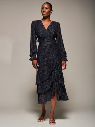Long Sleeve Frill Detail Mesh Maxi Dress, Black Spot
