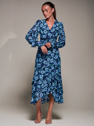 Long Sleeve Frill Detail Mesh Maxi Dress, Blue Floral