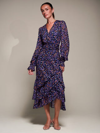 Long Sleeve Frill Detail Mesh Maxi Dress, Navy Floral