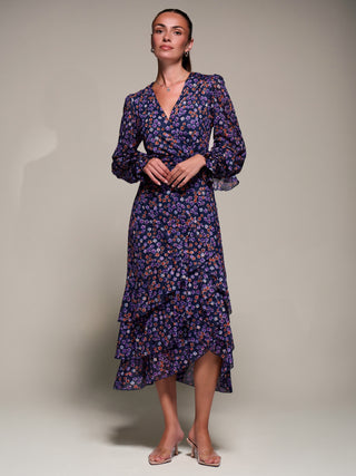 Long Sleeve Frill Detail Mesh Maxi Dress, Navy Floral