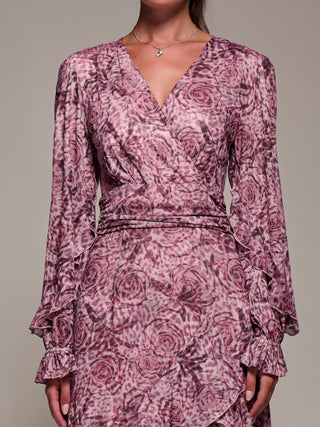 Long Sleeve Frill Detail Mesh Maxi Dress, Pink Abstract