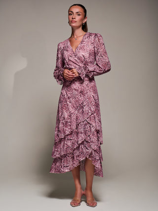Long Sleeve Frill Detail Mesh Maxi Dress, Pink Abstract