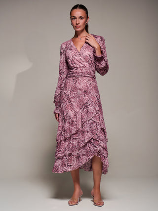 Long Sleeve Frill Detail Mesh Maxi Dress, Pink Abstract