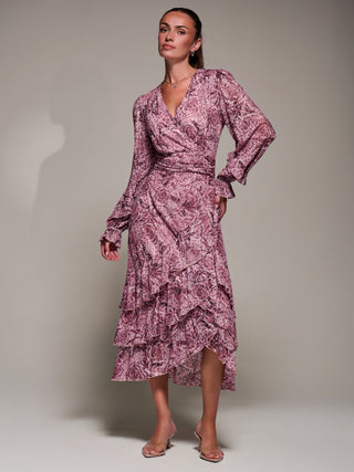 Long Sleeve Frill Detail Mesh Maxi Dress, Pink Abstract