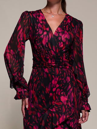 Long Sleeve Frill Detail Mesh Maxi Dress, Red Abstract