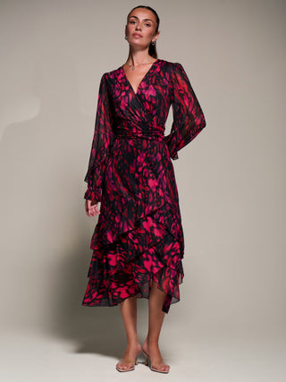 Long Sleeve Frill Detail Mesh Maxi Dress, Red Abstract