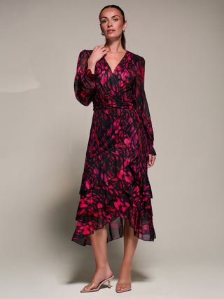 Long Sleeve Frill Detail Mesh Maxi Dress, Red Abstract
