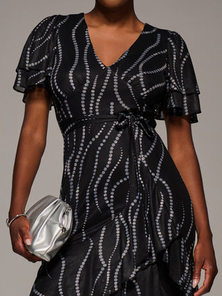 Angel Sleeve Ruffle Hem Mesh Midaxi Dress, Black Spot