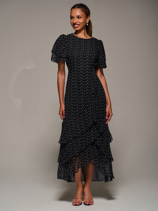 Ruffle Detail Chiffon Midaxi Dress, Black Heart