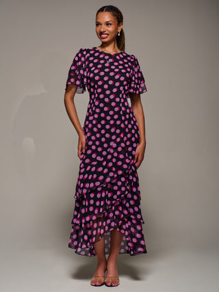 Ruffle Detail Chiffon Midaxi Dress, Black Spot