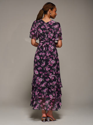 Ruffle Detail Chiffon Midaxi Dress, Navy Floral
