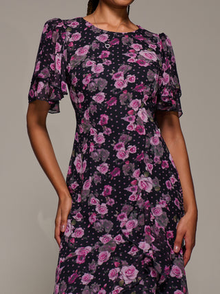 Ruffle Detail Chiffon Midaxi Dress, Navy Floral