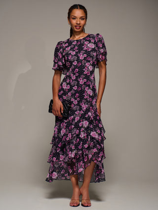 Ruffle Detail Chiffon Midaxi Dress, Navy Floral