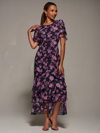 Ruffle Detail Chiffon Midaxi Dress, Navy Floral