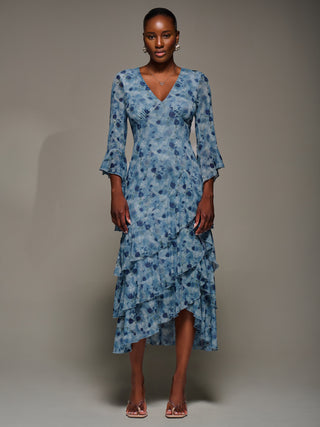 Mesh Ruffle Sleeve Tiered Midaxi Dress, Blue Floral
