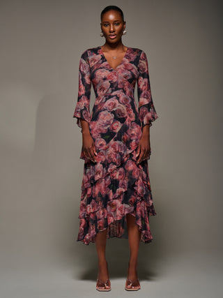 Mesh Ruffle Sleeve Tiered Midaxi Dress, Red Floral