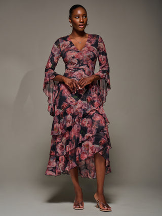 Mesh Ruffle Sleeve Tiered Midaxi Dress, Red Floral