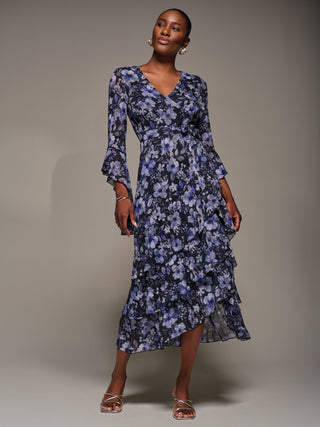 Ruffle Sleeve Tiered Mesh Midaxi Dress, Black Floral