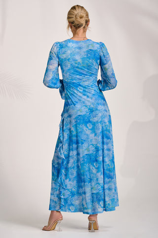 Long Sleeve Ruffle Mesh Maxi Dress, Blue Abstract