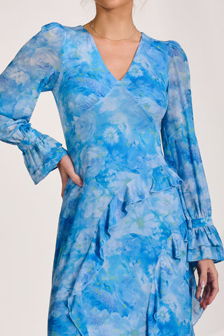 Long Sleeve Ruffle Mesh Maxi Dress, Blue Abstract