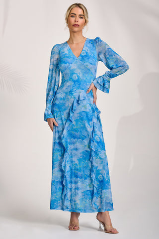Long Sleeve Ruffle Mesh Maxi Dress, Blue Abstract