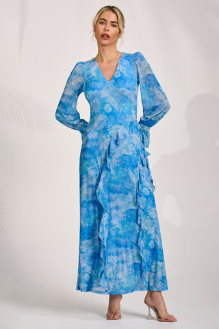 Long Sleeve Ruffle Mesh Maxi Dress, Blue Abstract