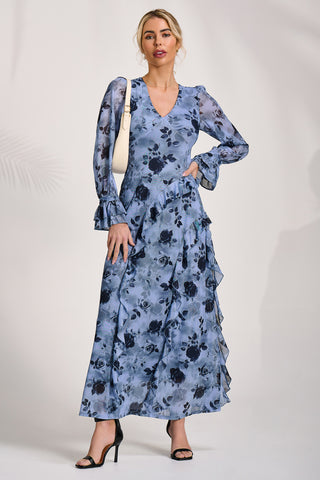 Long Sleeve Ruffle Mesh Maxi Dress, Blue Floral