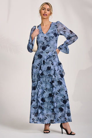 Long Sleeve Ruffle Mesh Maxi Dress, Blue Floral