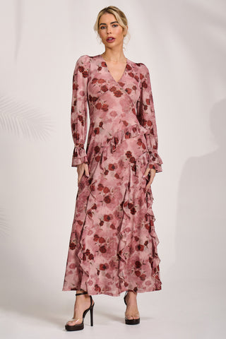 Long Sleeve Ruffle Mesh Maxi Dress, Pink Floral