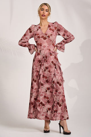 Long Sleeve Ruffle Mesh Maxi Dress, Pink Floral
