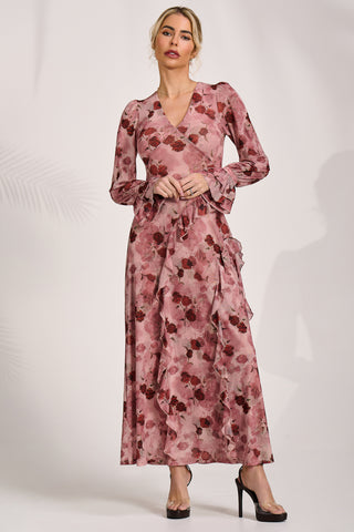 Long Sleeve Ruffle Mesh Maxi Dress, Pink Floral