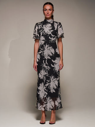 High Neck Angel Sleeve Chiffon Maxi Dress, Black Abstract