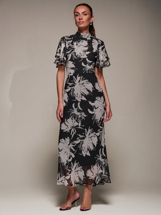 High Neck Angel Sleeve Chiffon Maxi Dress, Black Abstract