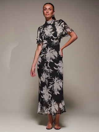 High Neck Angel Sleeve Chiffon Maxi Dress, Black Abstract