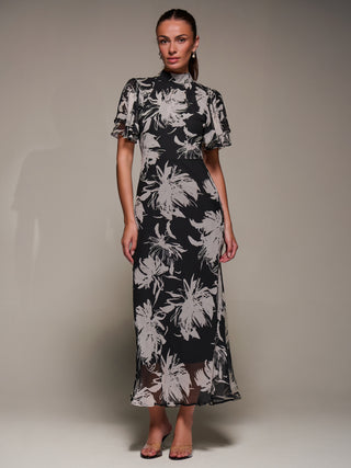 High Neck Angel Sleeve Chiffon Maxi Dress, Black Abstract