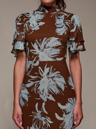 High Neck Angel Sleeve Chiffon Maxi Dress, Brown Abstract