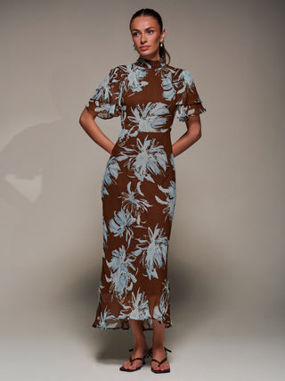 High Neck Angel Sleeve Chiffon Maxi Dress, Brown Abstract