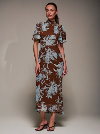 High Neck Angel Sleeve Chiffon Maxi Dress, Brown Abstract