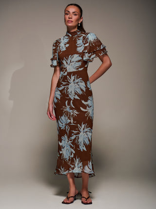 High Neck Angel Sleeve Chiffon Maxi Dress, Brown Abstract