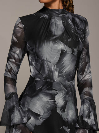 Ruffle Long Sleeve Mesh Maxi Dress, Black Abstract