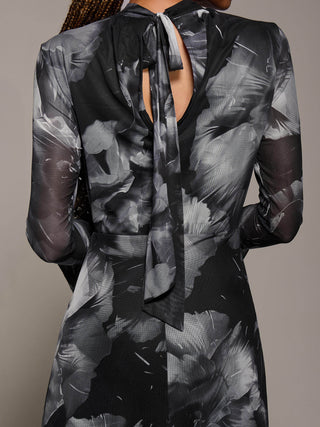 Ruffle Long Sleeve Mesh Maxi Dress, Black Abstract