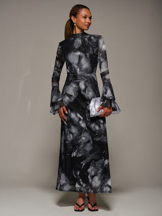 Ruffle Long Sleeve Mesh Maxi Dress, Black Abstract