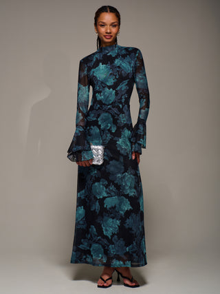 Ruffle Long Sleeve Mesh Maxi Dress, Blue Abstract