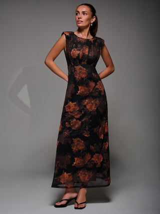 Slash Neck Fit & Flare Mesh Maxi Dress, Amber Abstract