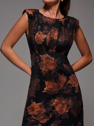 Slash Neck Fit & Flare Mesh Maxi Dress, Amber Abstract