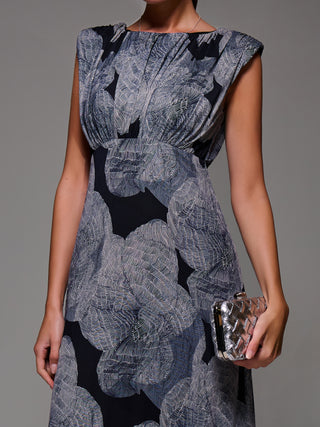 Slash Neck Fit & Flare Mesh Maxi Dress, Black Abstract